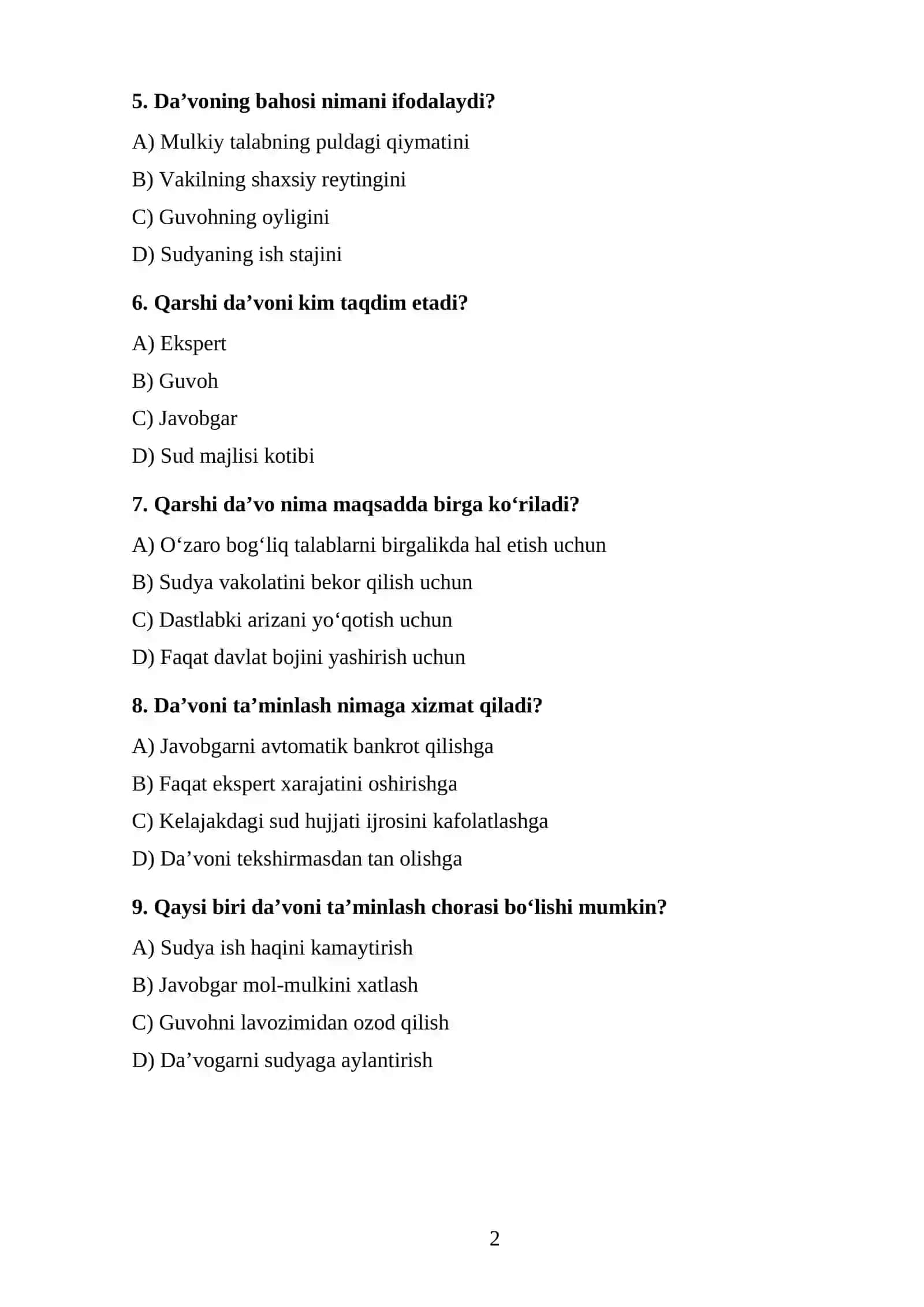 Iqtisodiy protsessda daʼvo TEST. 2