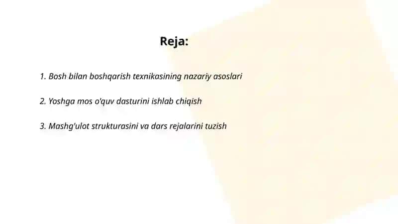 Bosh bilan boshqarish texnikasini o'rgatish metodikasi 2