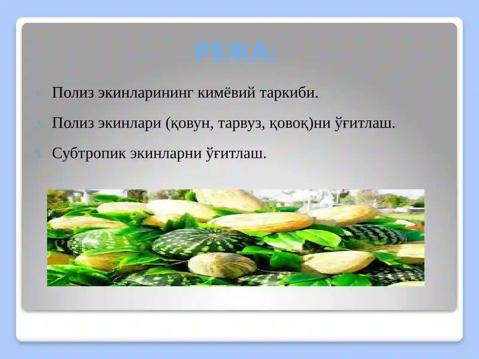 ПОЛИЗ ВА СУБТРОПИК ЭКИНЛАРНИ ЎҒИТЛАШ 2