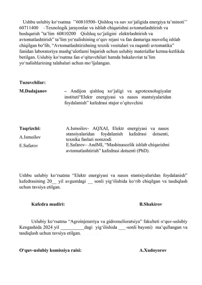 Avtomatikaning Texnik Vositalari Fani Bo‘yicha 2