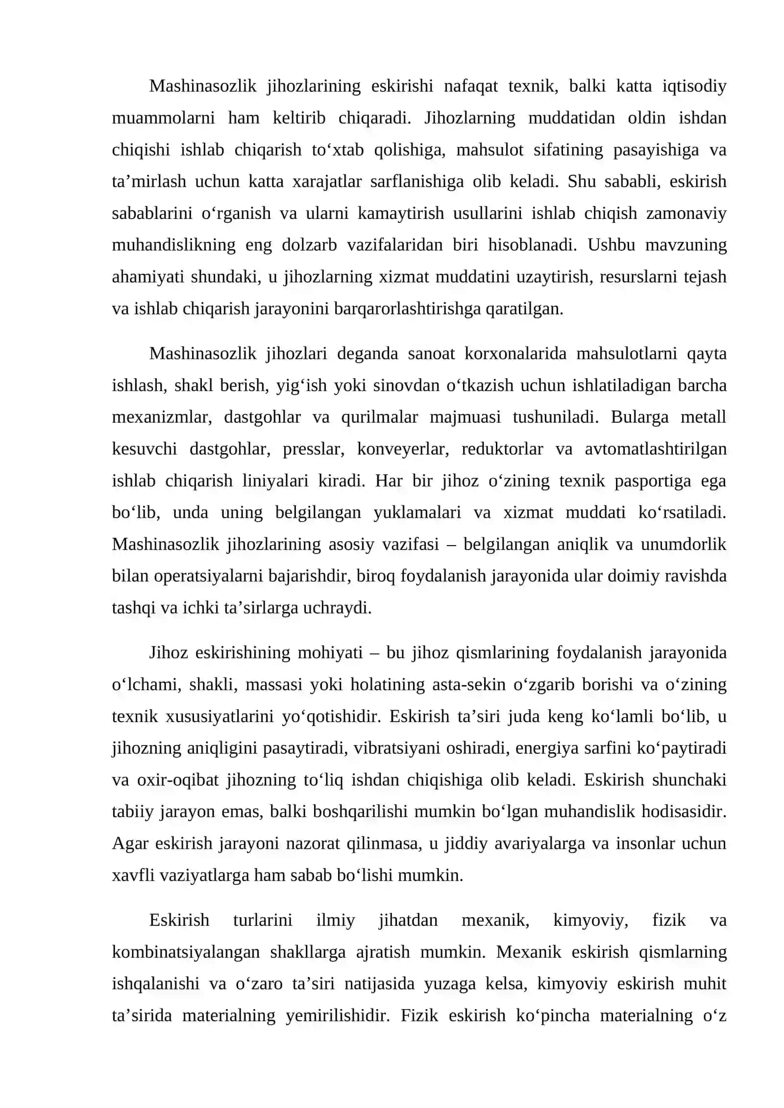 Mashinasozlik jihozlarining eskirishi 2