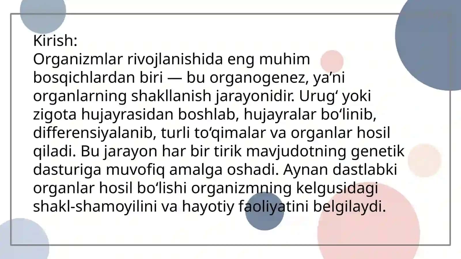Dastlabki organlar hosil bo'lishi 2