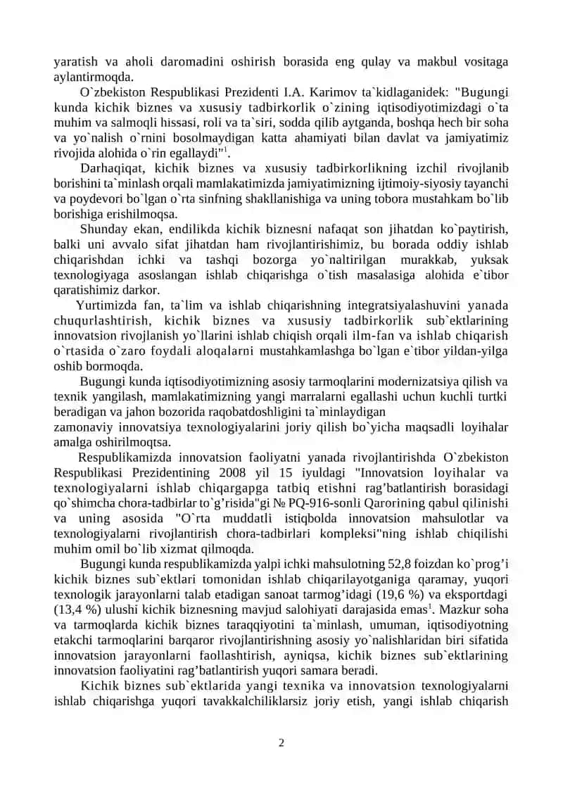 O`ZBEKISTONDA KICHIK BIZNES VA TADBIRKORLIKNI RIVOJLANTIRISH ISTIQBOLLARI 2
