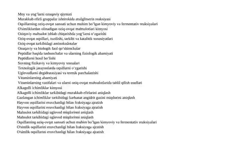 Oziq-ovqat kimyosi fanidan yakuniy savollar ro'yxati 2