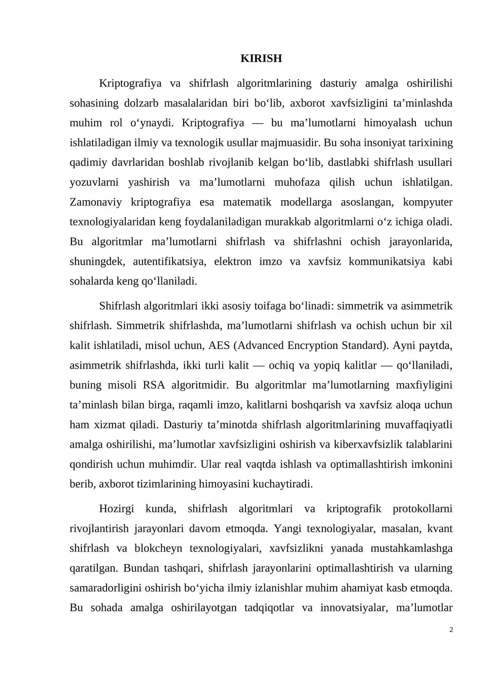 Kriptografiya va shifrlash algoritmlarining dasturiy amalga oshirilishi 2
