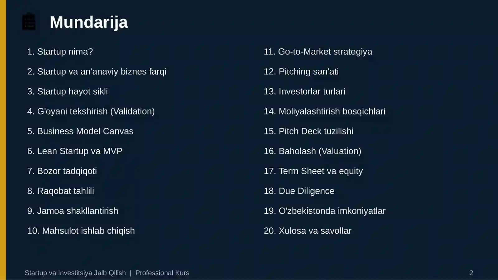 STARTUP VA INVESTITSIYA JALB QILISH 2