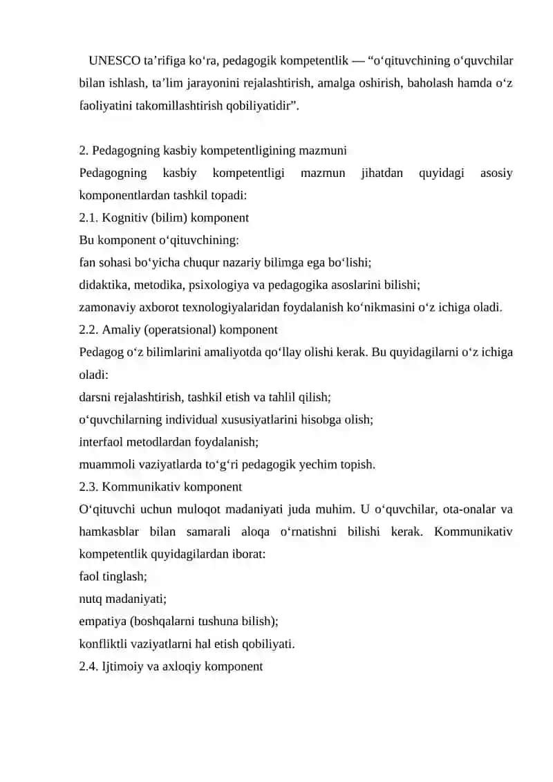 Pedagogning kasbiy kompitentligining tuzilishi va mazmuni 2