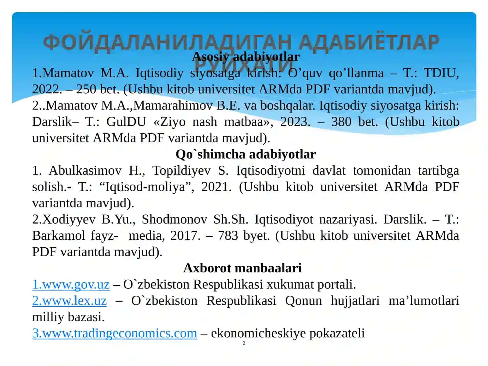 ФОЙДАЛАНИЛАДИГАН АДАБИЁТЛАР РУЙХАТИ 2