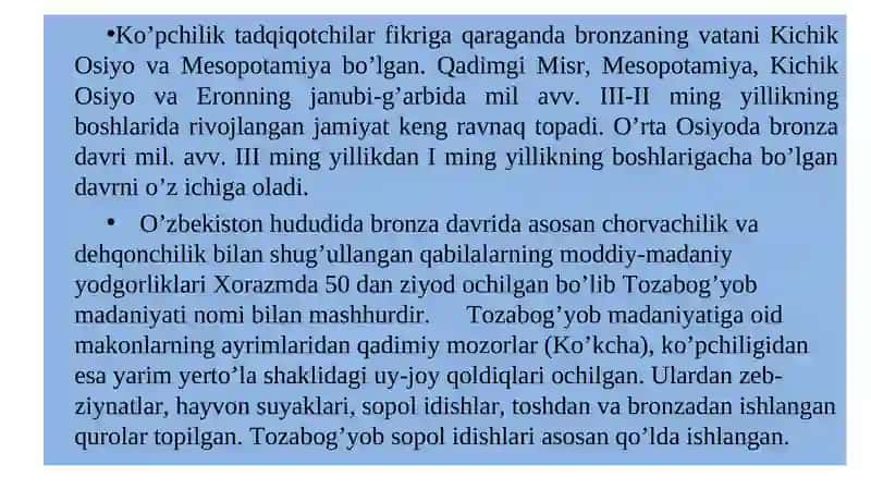 BRONZA VA ILK TEMIR DAVRI MADANIYATI VA SAN'ATI 2
