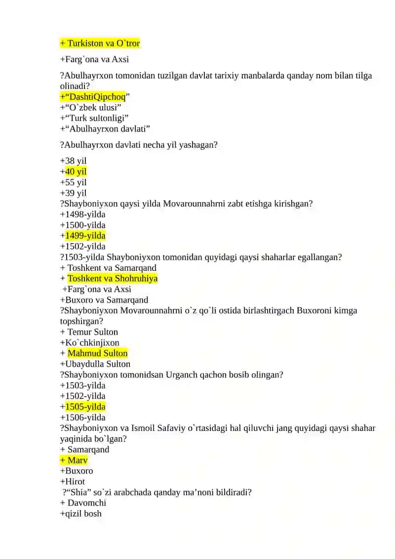O’zbekiston tarixidan testlar II-kurs I-semestr 2