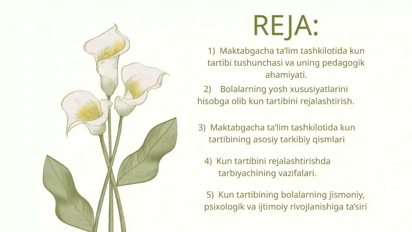 Maktabgacha taʼlim tashkilotida bolalarni kun tartibini rejalashtirish. 2