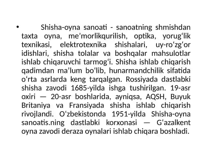 Shisha VA OYNA ISHLAB CHIQARISH SANOATI 2
