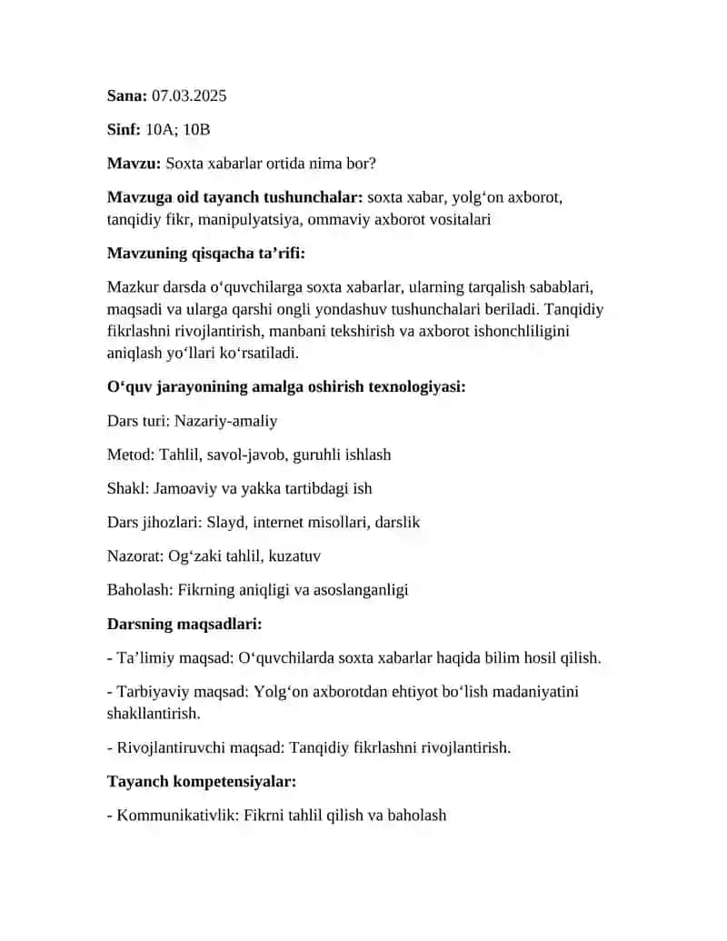 10-sinf dars ishlanma - Soxta xabarlar ortida nima bor 2