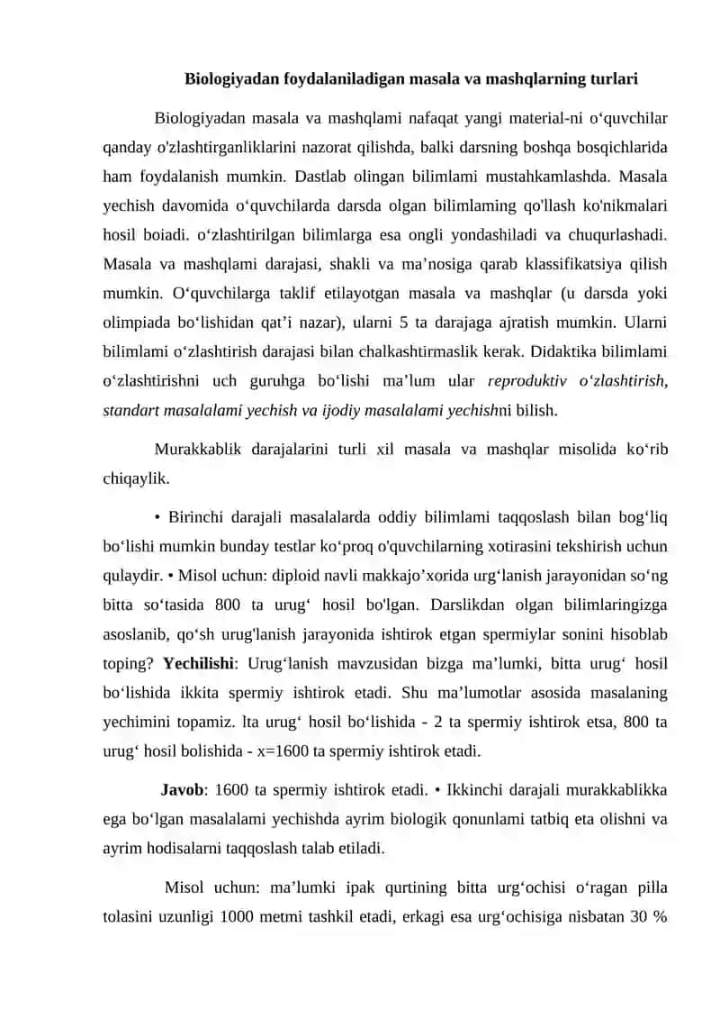 Biologiyadan foydalaniladigan masala va mashqlar 2
