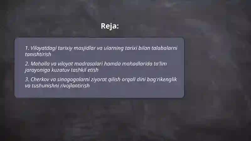 Talabalar bilan Oʻzbekistondagi diniy tashkilotlarga borish 2