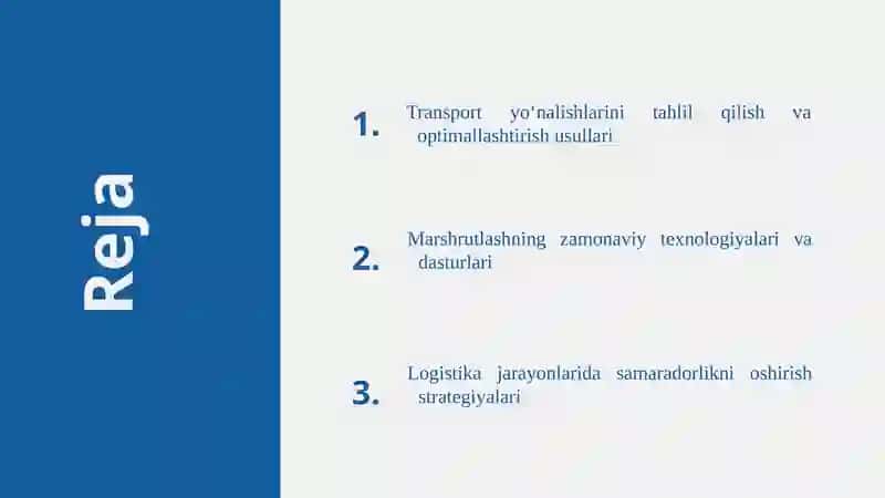Transport yo‘nalishlarini tahlil qilish va optimallashtirish usullari 2