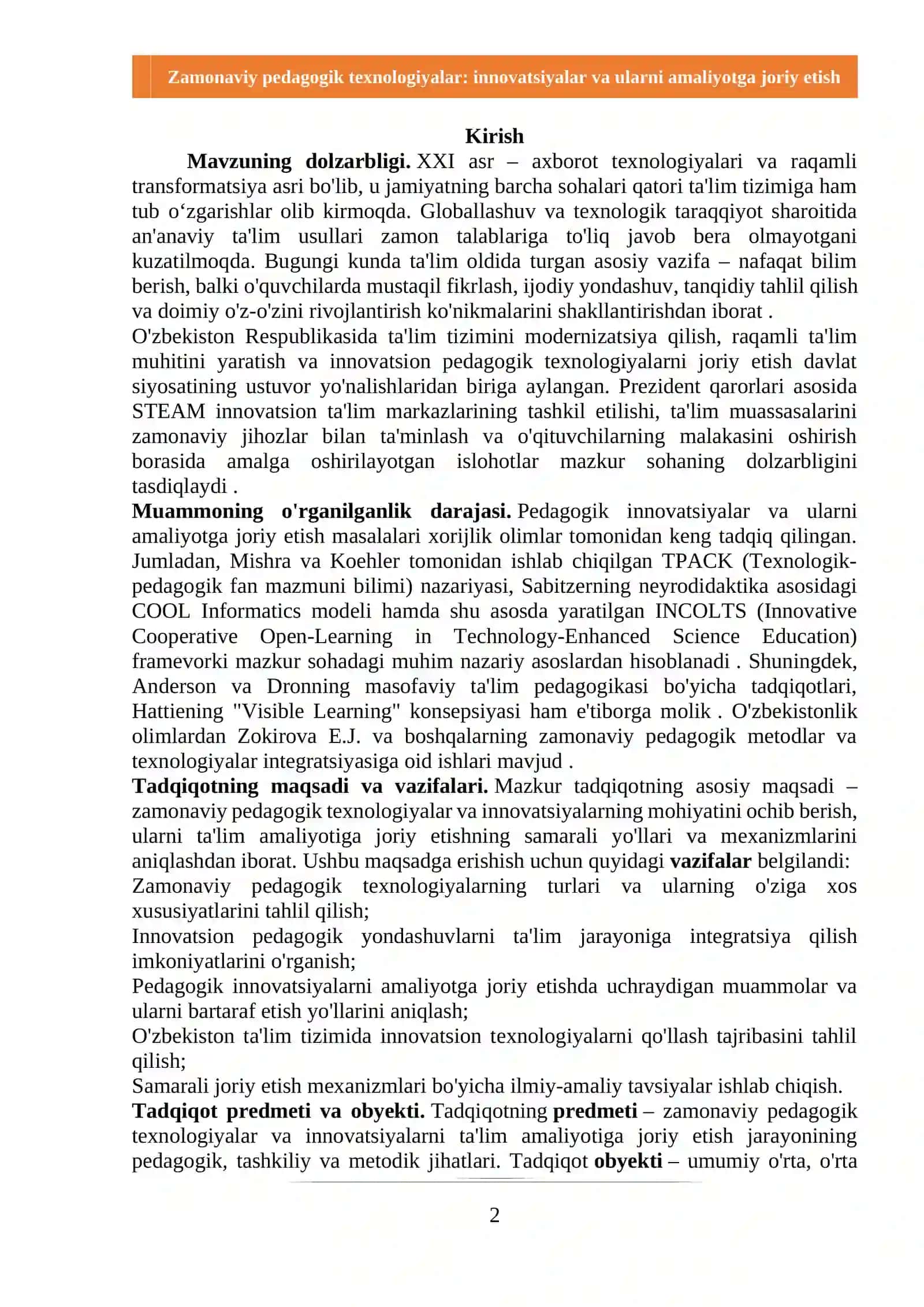 Zamonaviy pedagogik texnologiyalar: innovatsiyalar va ularni amaliyotga joriy etish 2