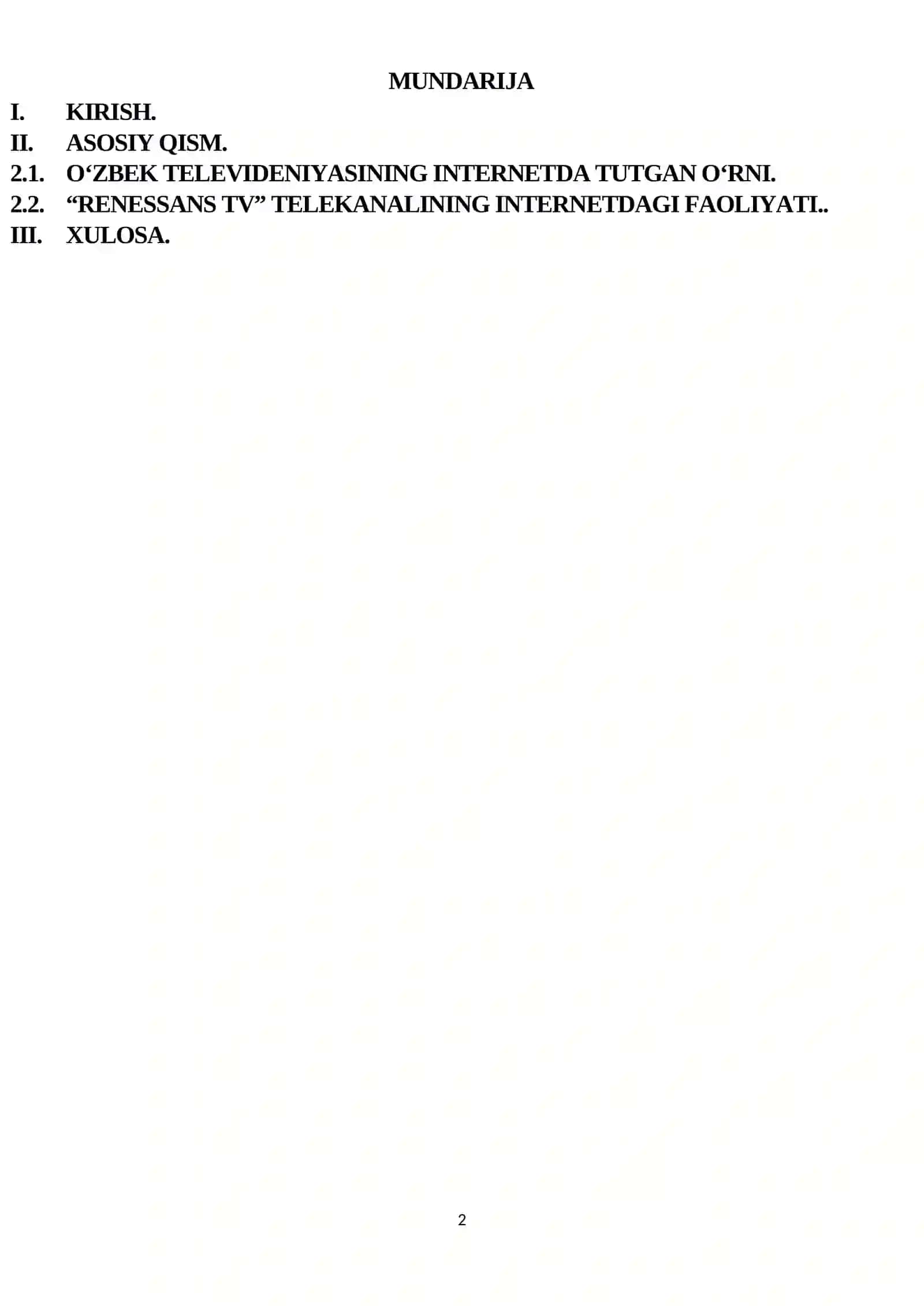“RENESSANS TV” telekanalidagi ko‘rsatuvlarning internetga joylashtirish tendensiyalari 2