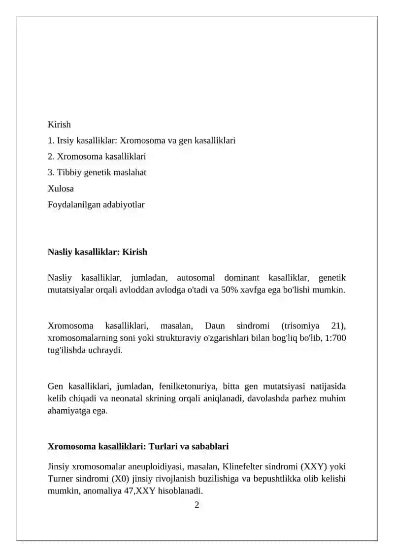 Irsiy kasalliklar. Xromasoma va gen kasalliklari. Tibbiy genetik maslahatlar 2