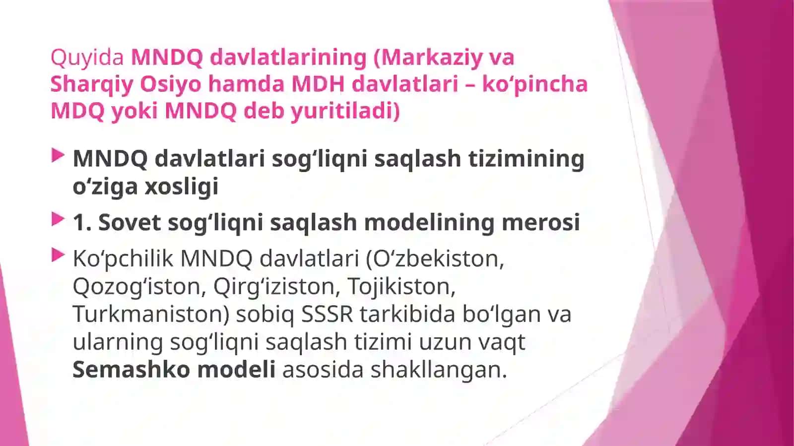 MNDQ davlatlarining Sogʻliqni saqlash tizimining oʻziga xosligi 2