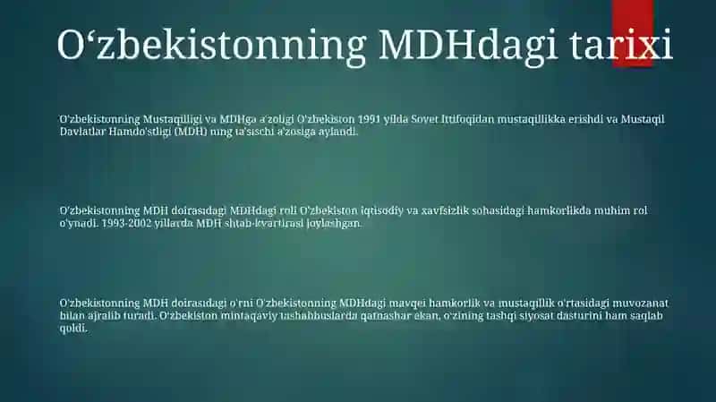 O’zbekistonning MDH Dagi O‘Rni 2