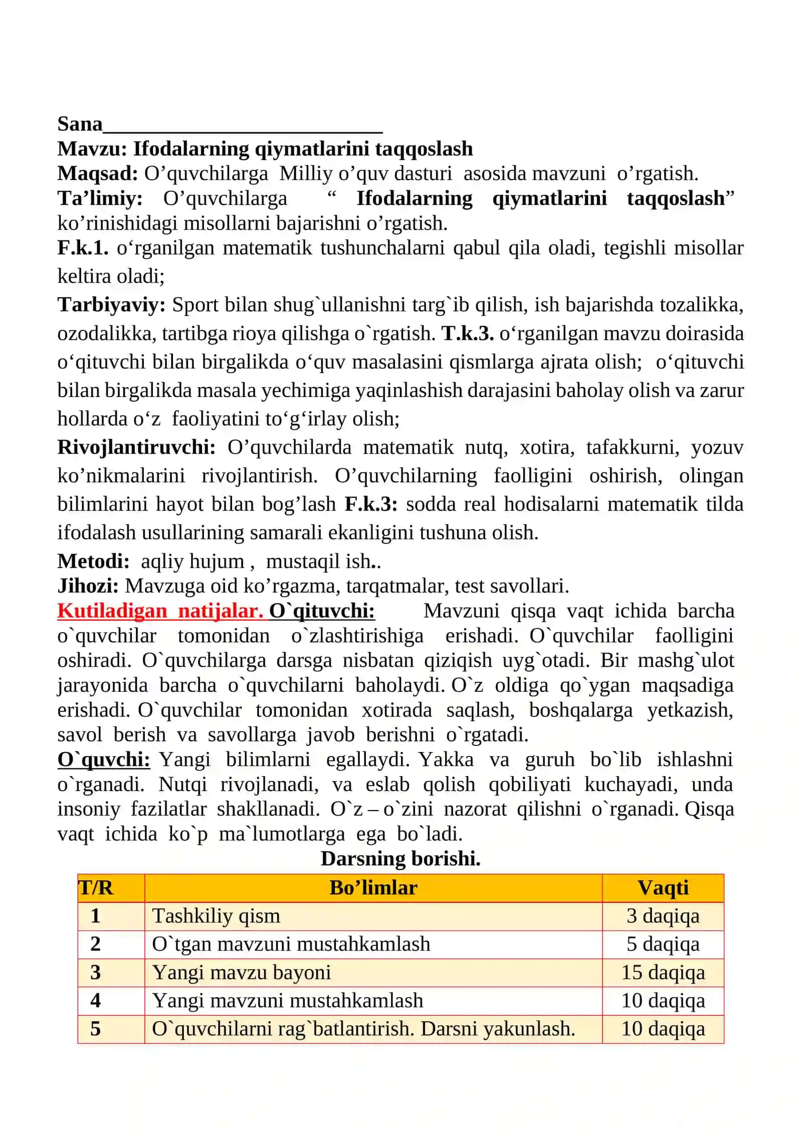 Ifodalarning qiymatlarini taqqoslash 1-sinflar uchun Matematika fanidan dars ishlanmasi 2