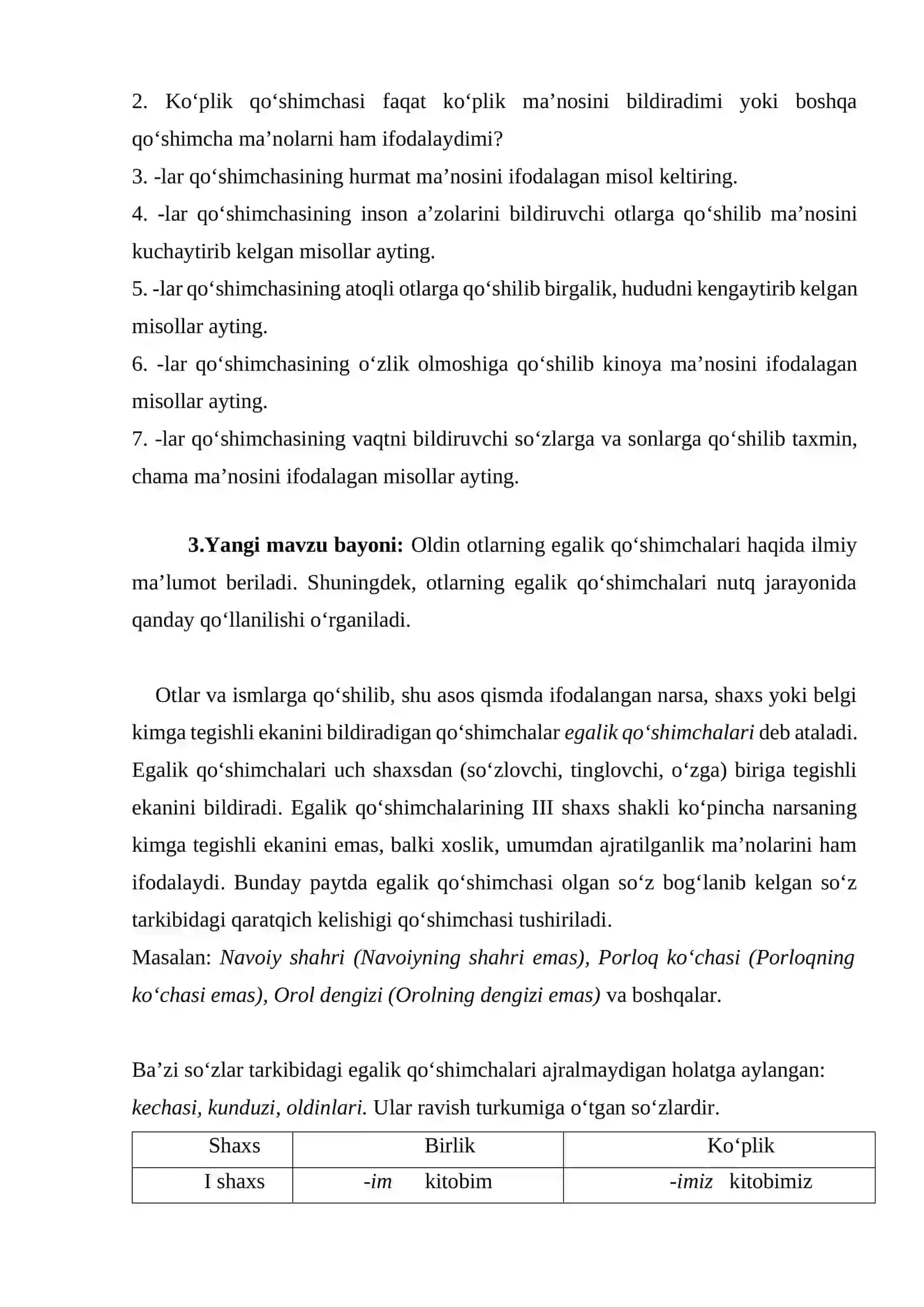 Otlarning egalik qo‘shimchalari dars ishlanma 2