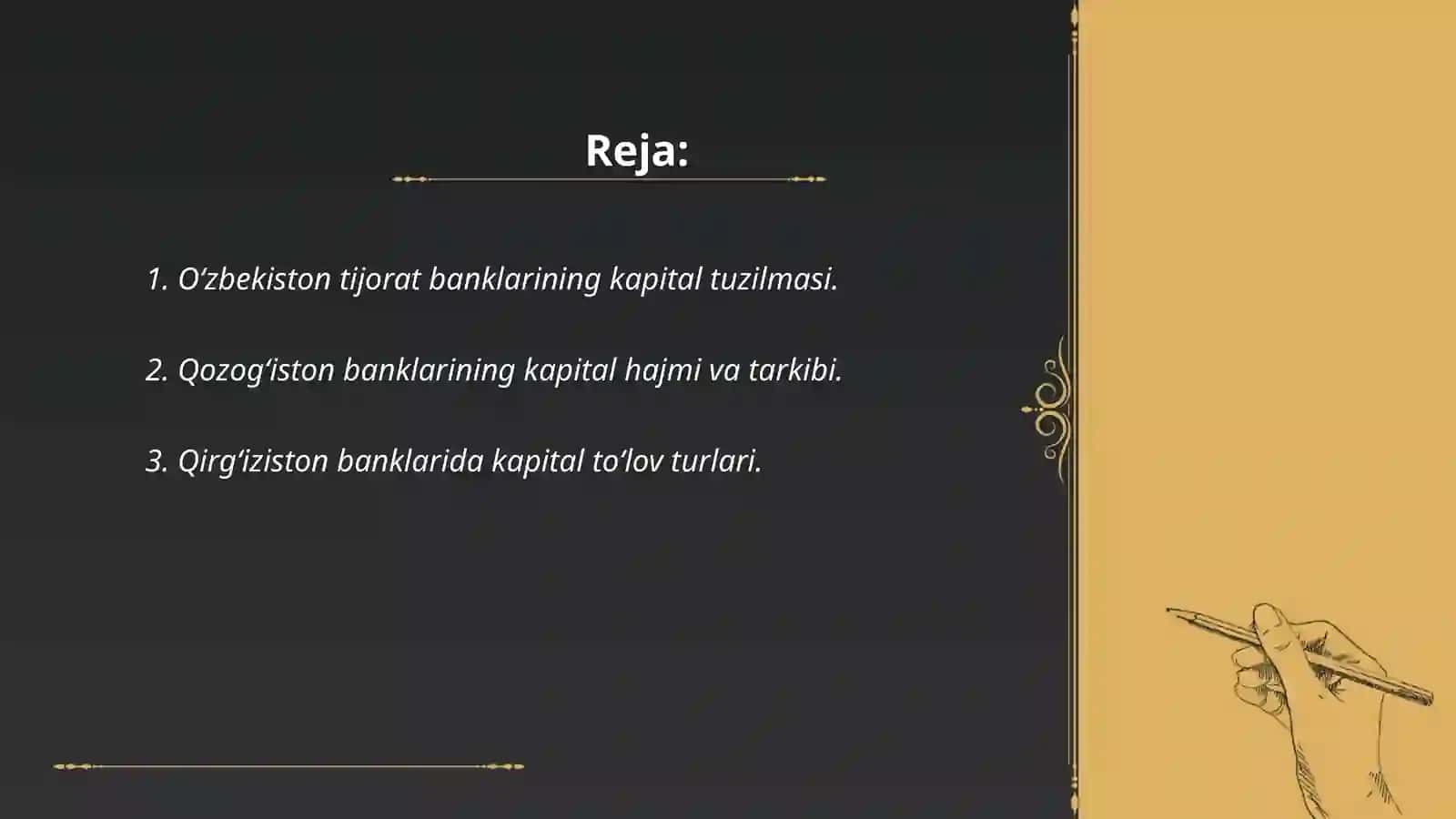 Oʻzbekiston tijorat banklarining kapitali kapital toʻlov turlari Qozogʻiston Qirgʻiziston Tojikiston Turkmaniston bilan solishtirish 2