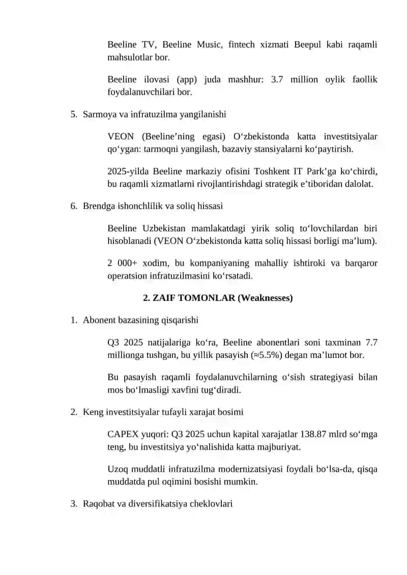 SWOT tahlili — Beeline Uzbekistan 2