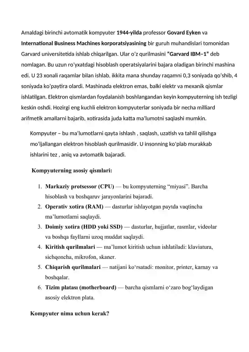 Kompyuter turlari. Dunyo superkompyuterlari. 2