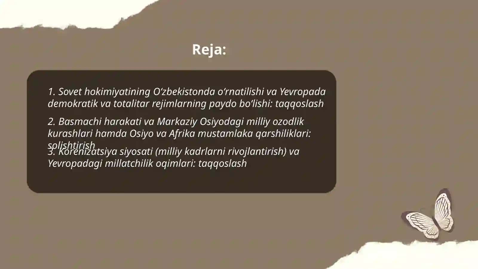 Jaxon urushlari orasidagi siyosiy hayot 1 va 2 Jaxon urushi oraligʻida. Oʻzbekiston va dunyo tarixida sodir boʻlgan siyosiy jarayonlar ni oʻzaro taqqoslang 2