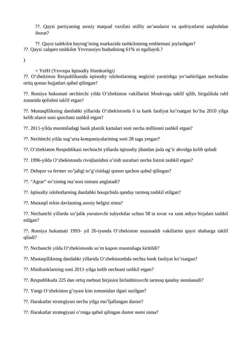 O'zbekiston Respublikasi tarixi bo'yicha savollar 2