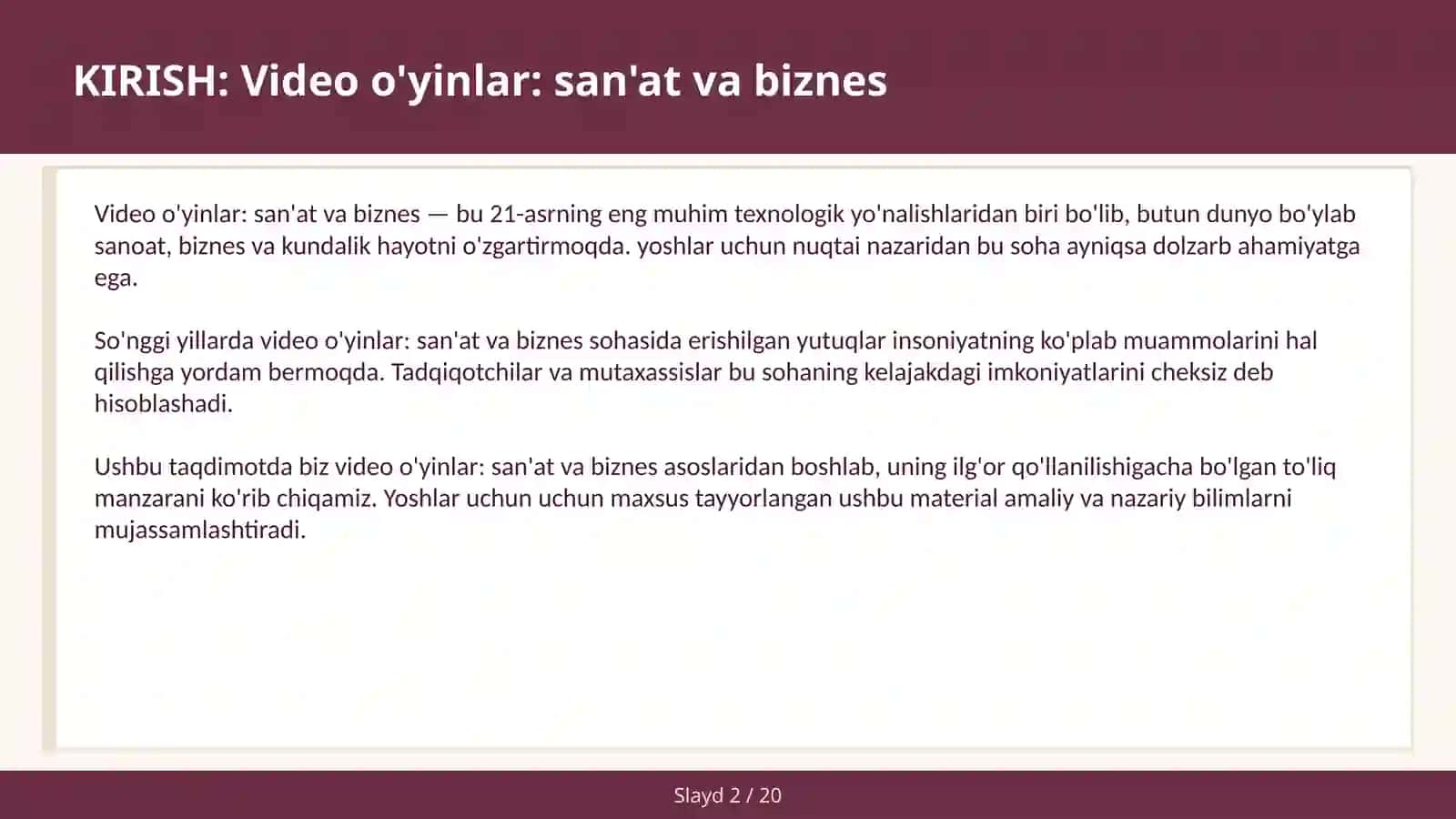 VIDEO O'YINLAR: SAN'AT VA BIZNES 2