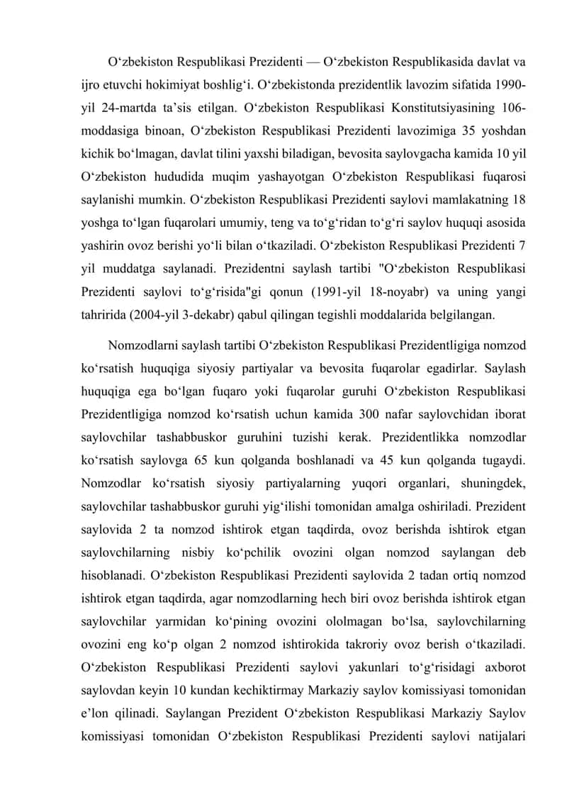 O'ZBEKISTONDA PREZIDENTLIK BOSHQARUVI TIZIMI 2