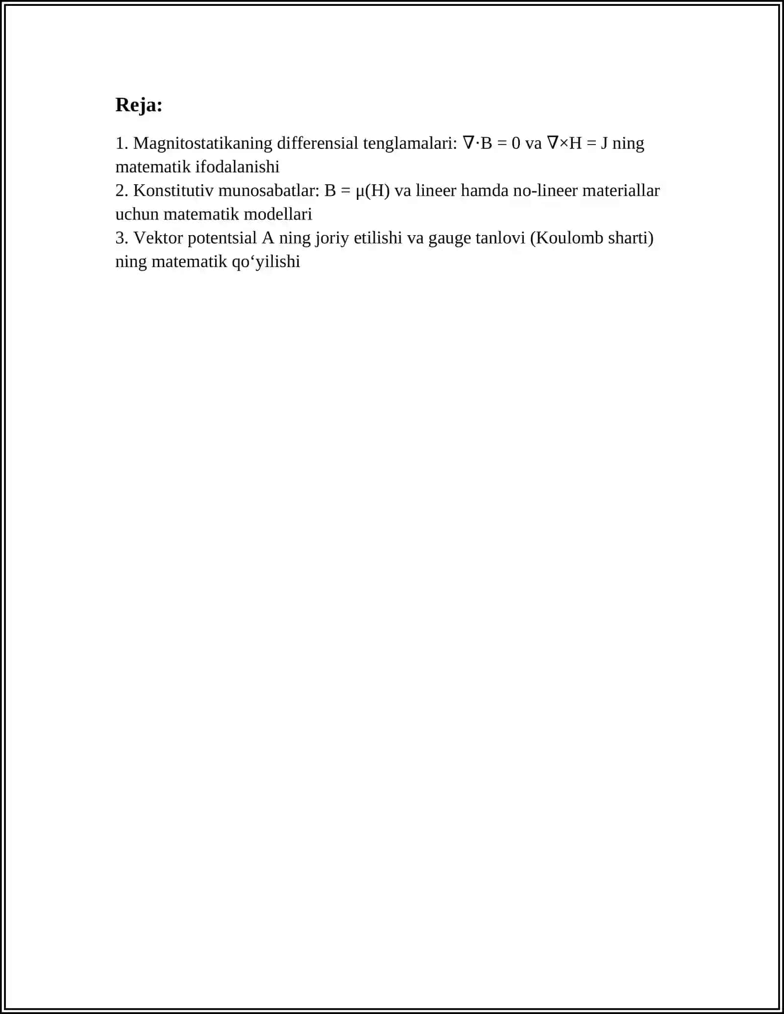 MAGNITOSTATIKA MASALALARING MATEMATIK JIHATDAN QOʻYILISHI 2