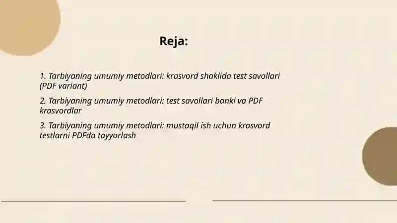 Tarbiyaning umumiy metodlari krasvord test savollari PDF variantda 2