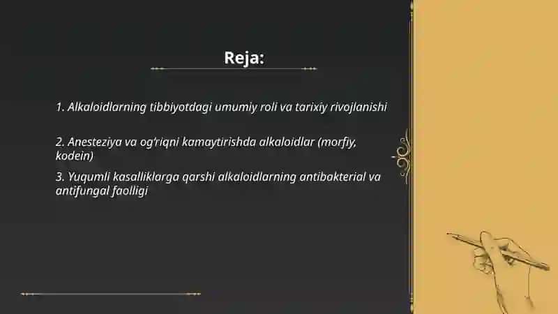 Alkaloidlarnng tibbiyot va boshqa sohalardagi ahamiyati 2
