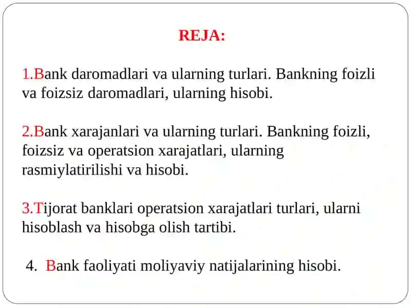 BANK DAROMADLARI VA XARAJATLARI HISOBI 2