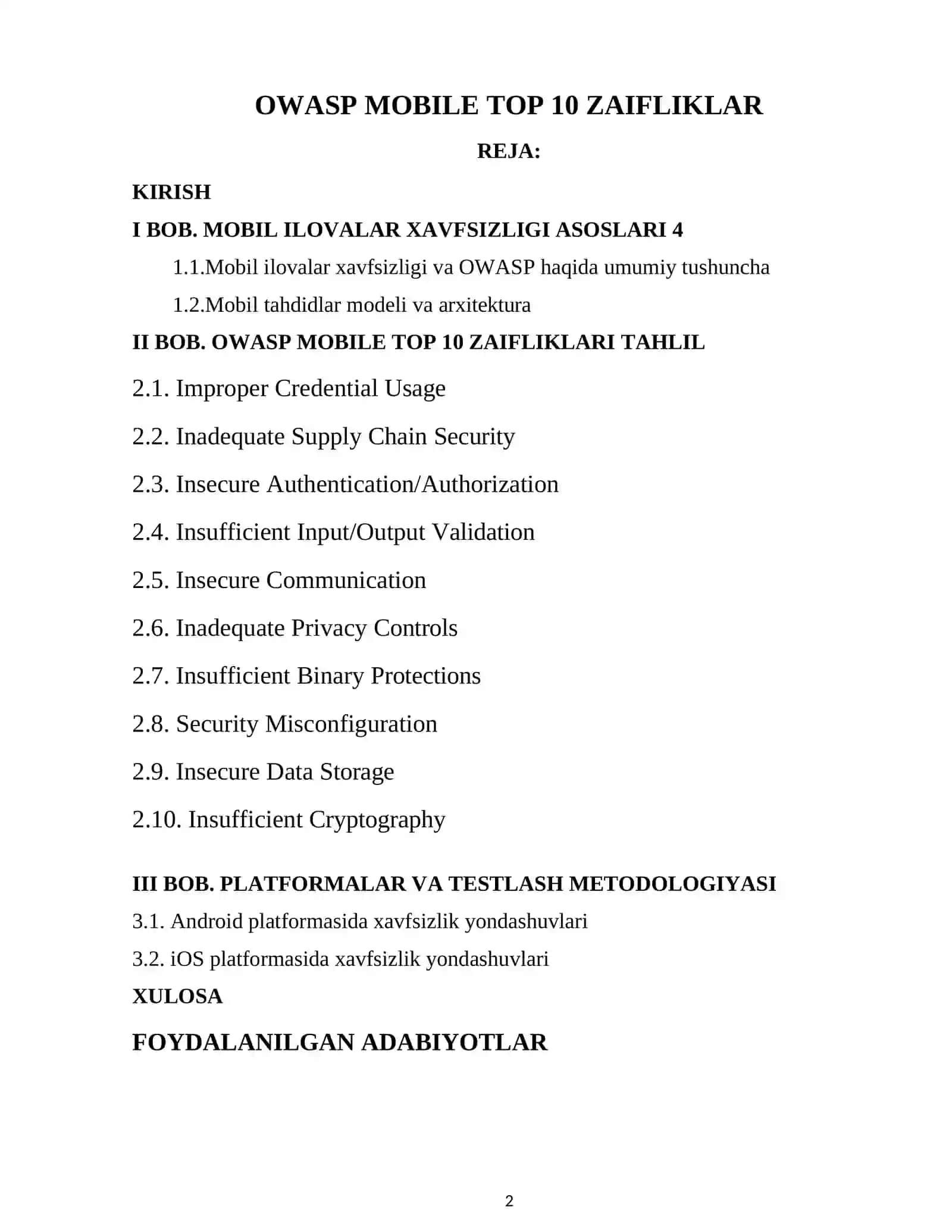 OWASP MOBILE TOP 10 ZAIFLIKLAR Kurs ishi 2