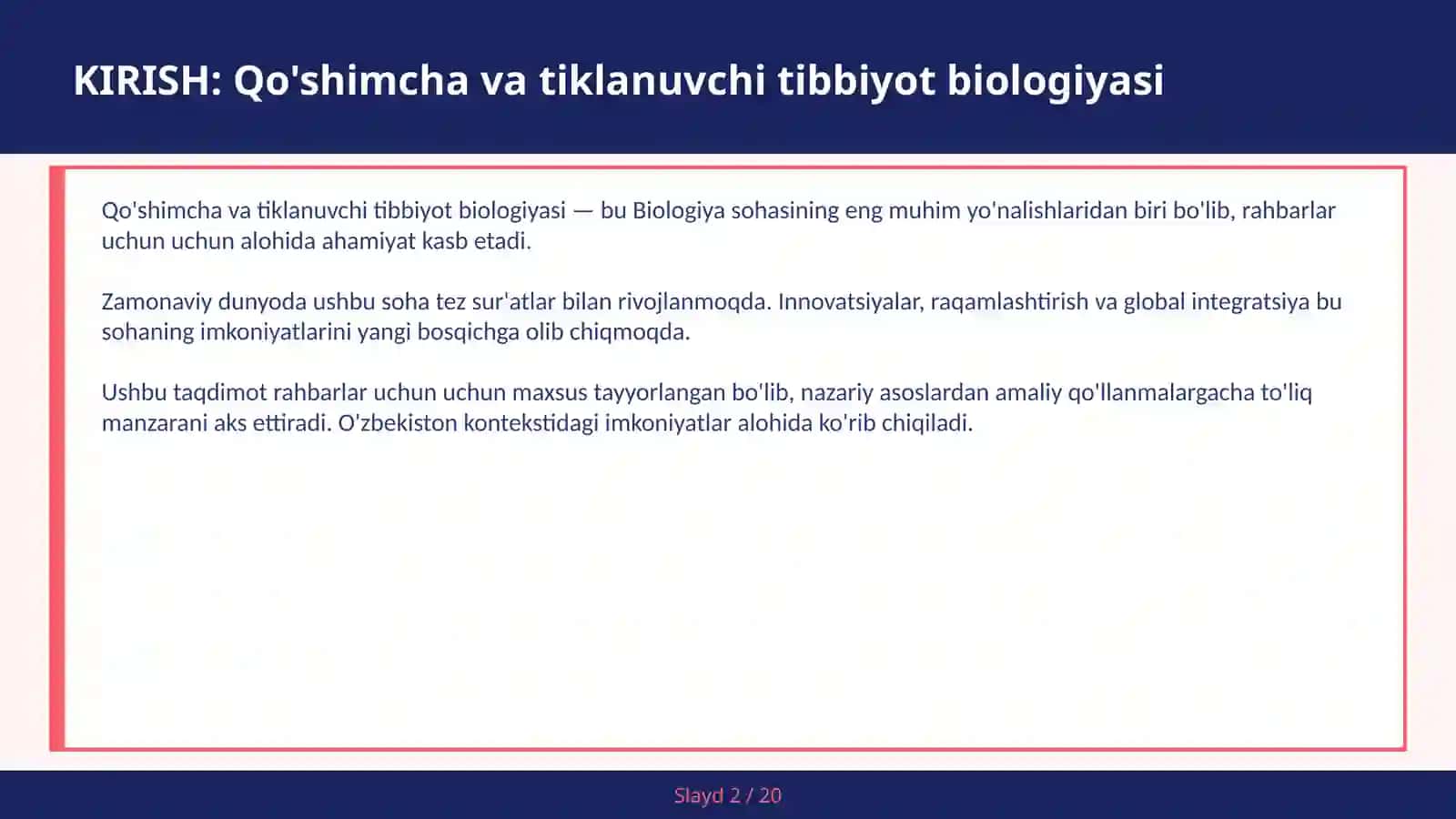 QO'SHIMCHA VA TIKLANUVCHI TIBBIYOT BIOLOGIYASI 2