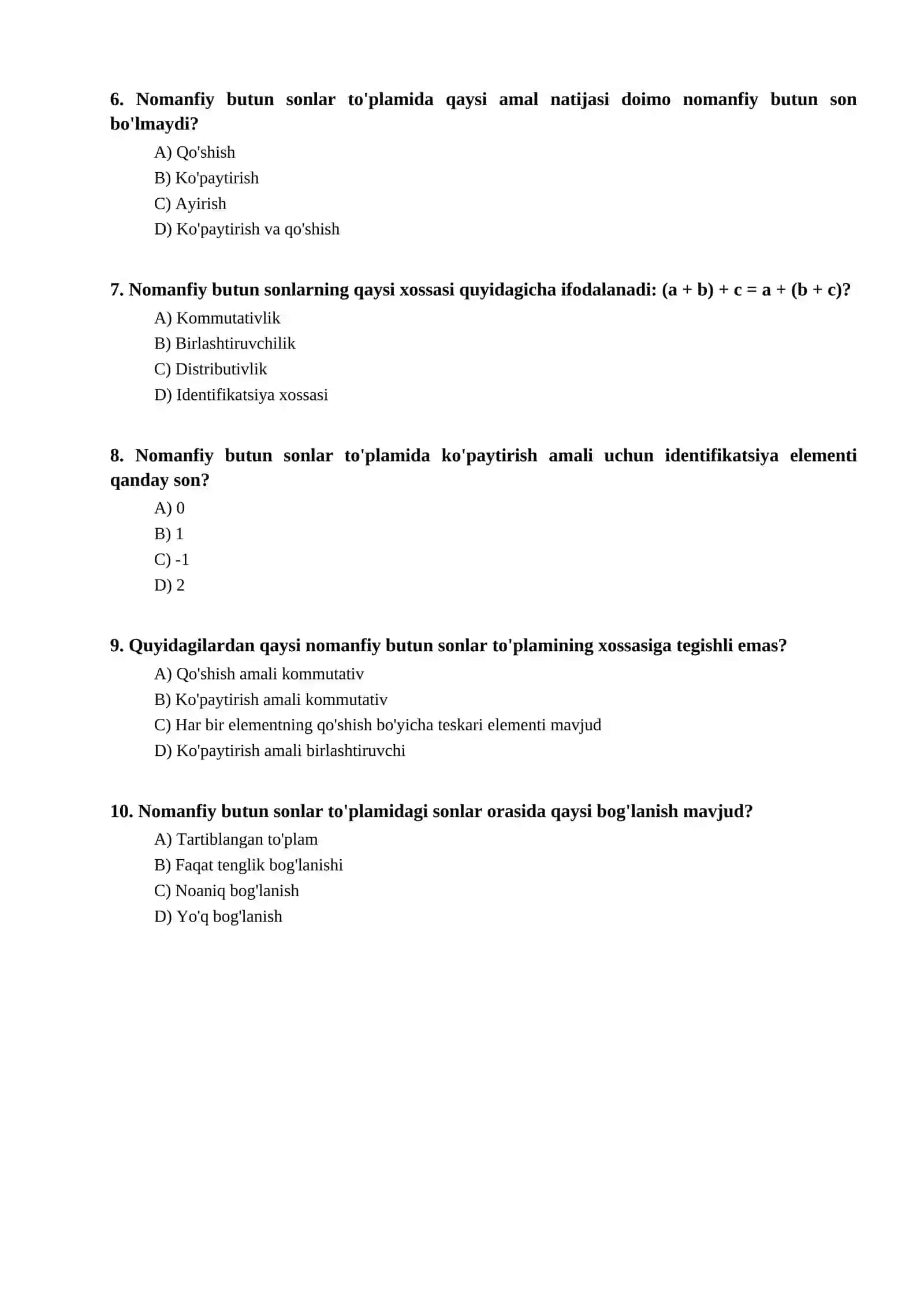 Nomanfiy butun sonlar to'plamining xossalari bo'yicha test 2