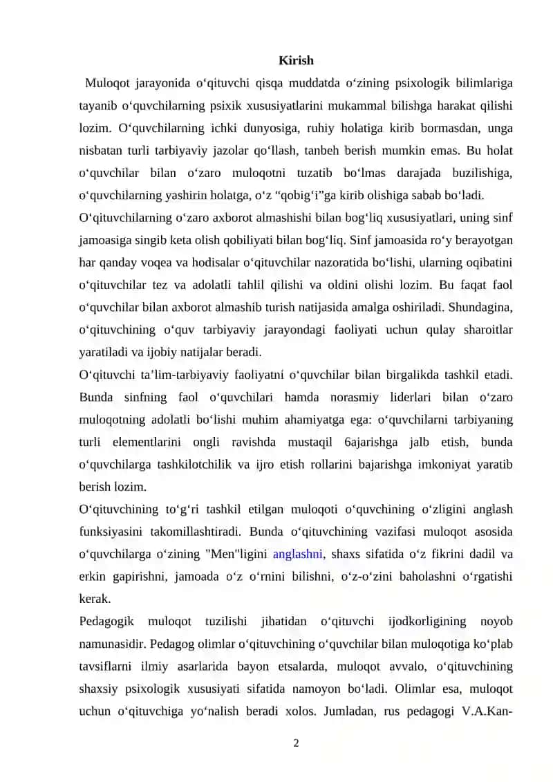 BOSHLANG’ICH SINF O’QITUVCHISI BILAN O’QUVCHILARINING MUOMILASI 2