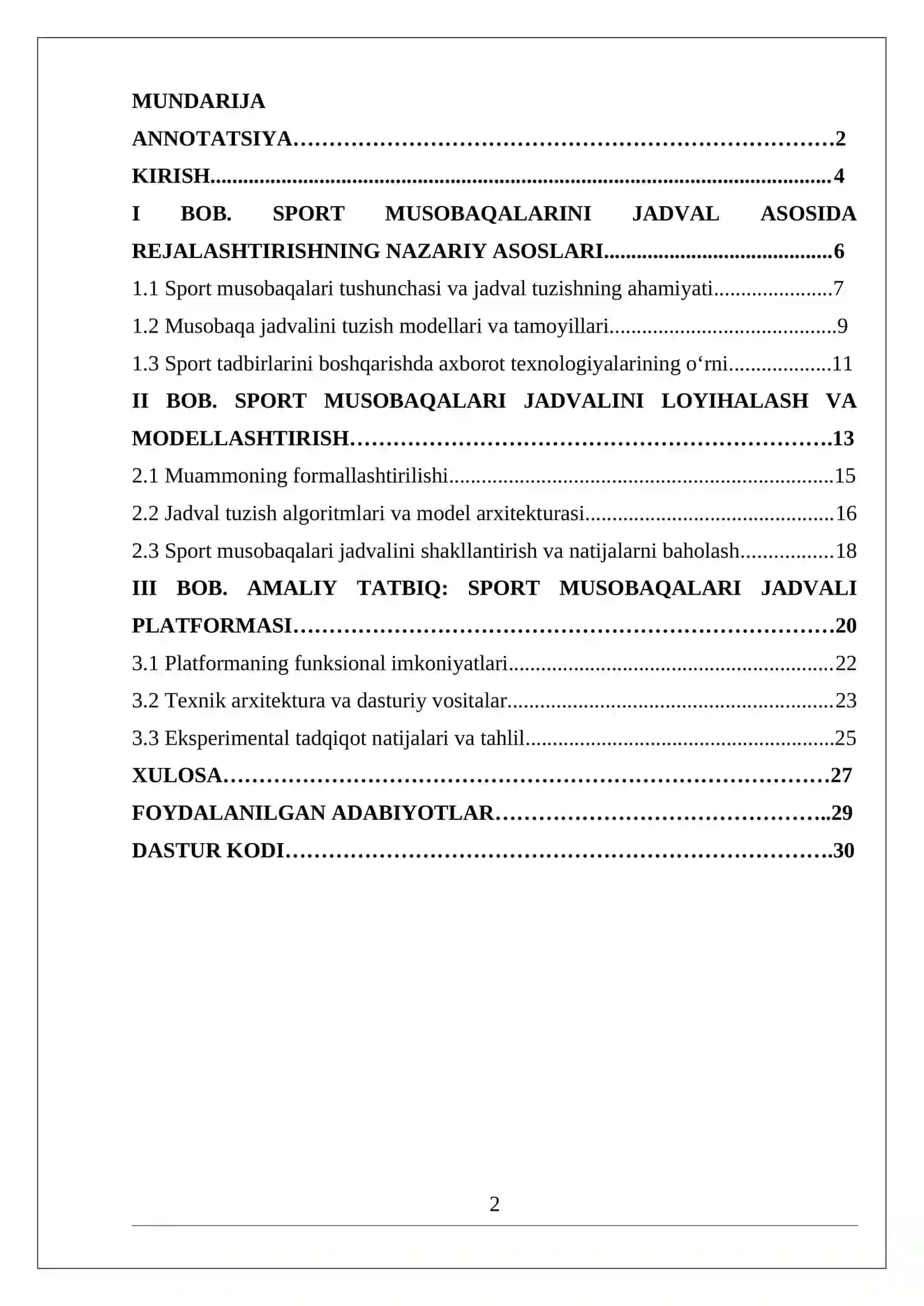 Sport musobaqalari jadvali 2