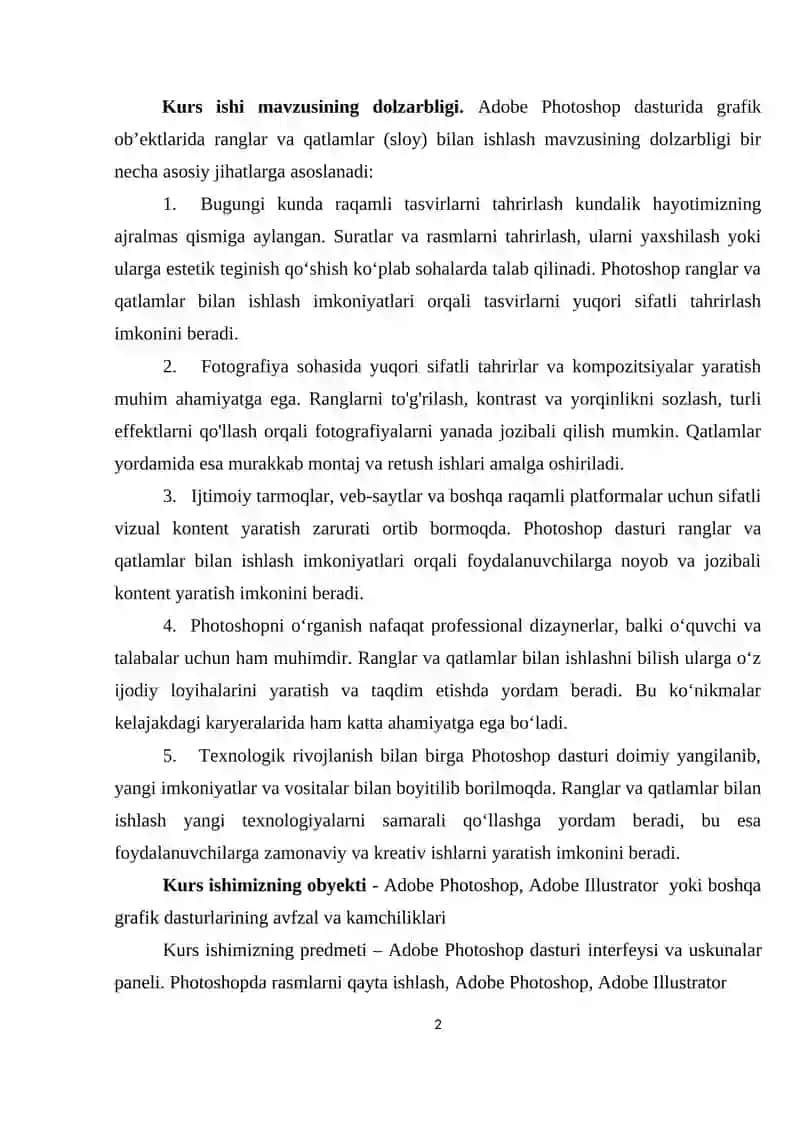 Adobe Photoshop dasturining grafik obʼektlarida ranglar va qatlamlar (sloy) bilan ishlash bosqichlari 2