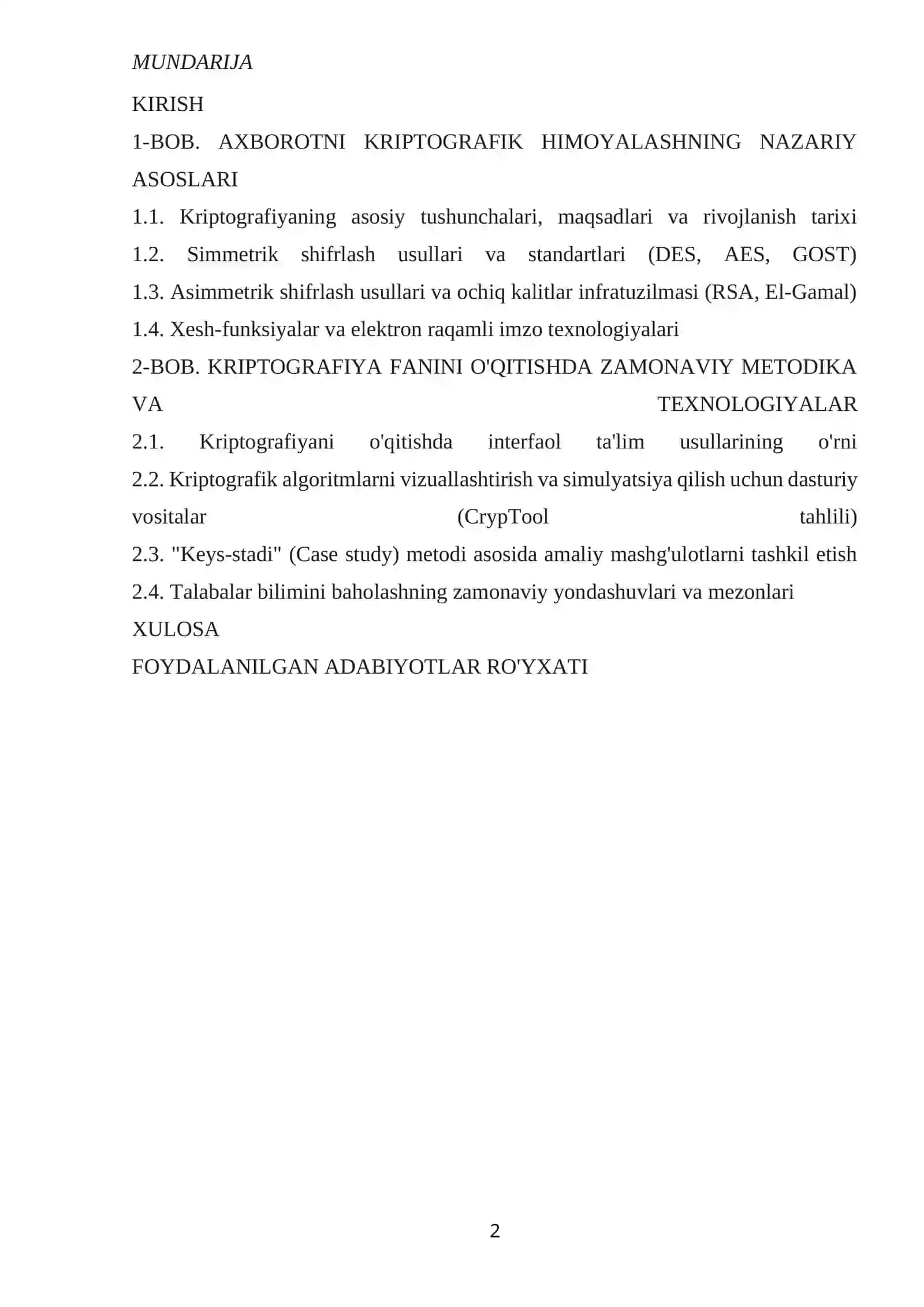 Axborotni kiriptografik ximoyalashning usullari Bitiruv malaka ishi 2