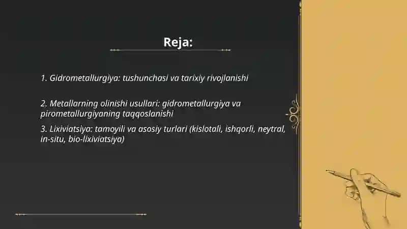 Metallarning olinishi. Gidrometallurgiya 2