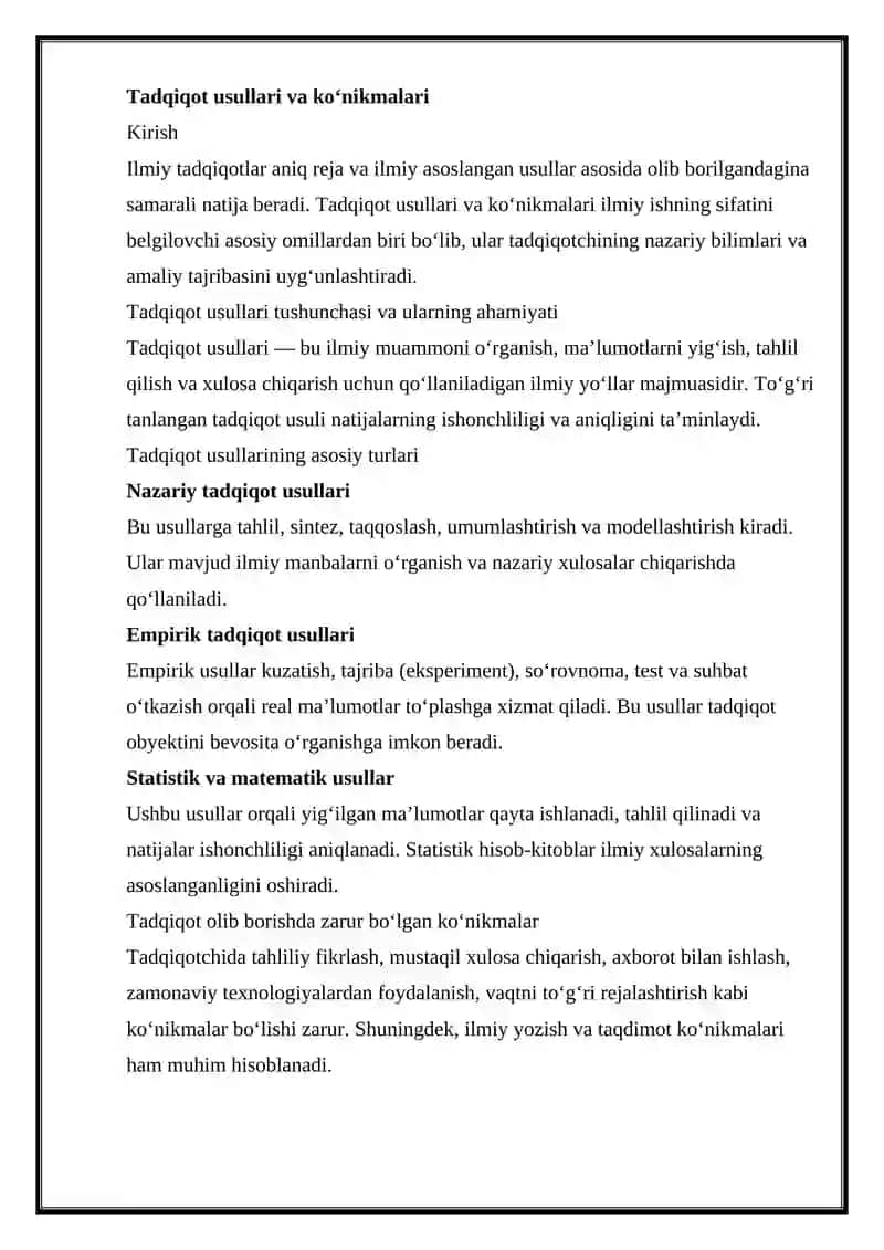 TADQIQOT USULLARI VA KO’NIKMALARI 2