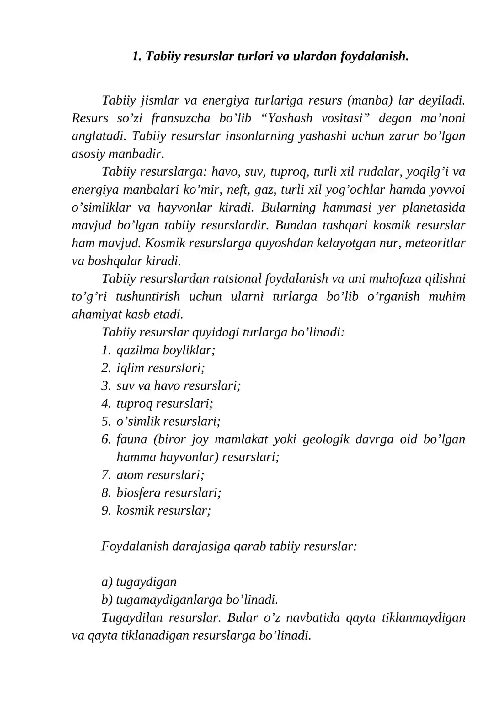 Tabiiy resurslar va ulardan foydalanish 2