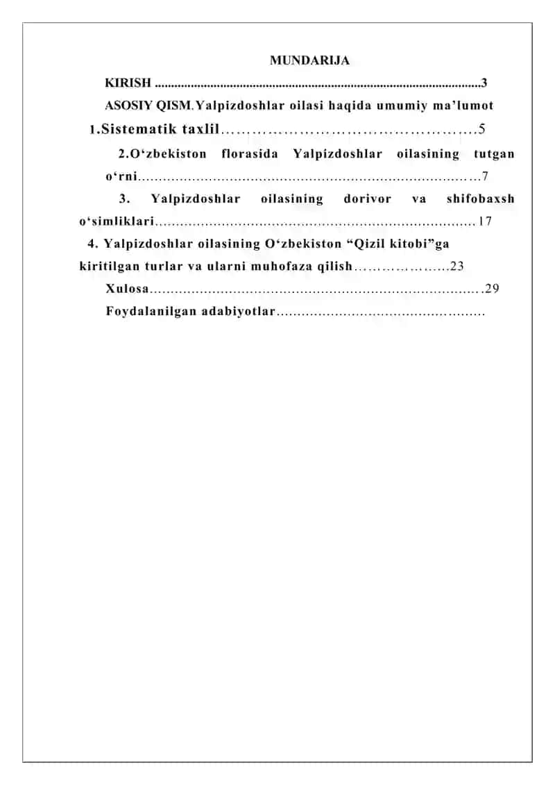YALPIZDOSHLAR OILASINING SISTEMATIK O’RNI. 2