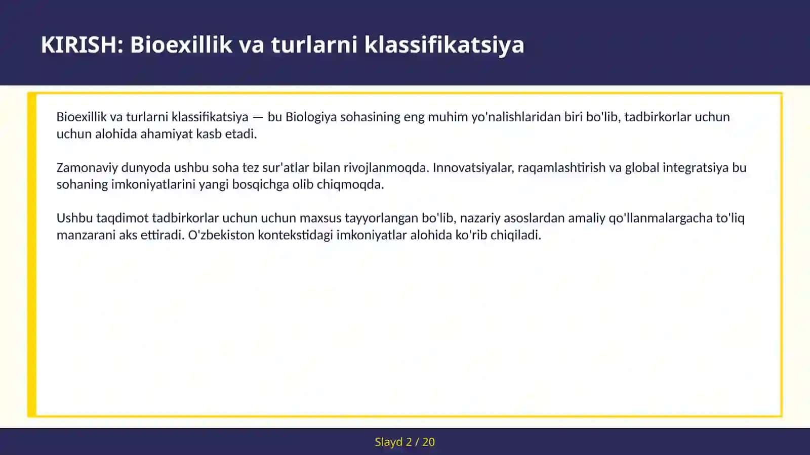 BIOEXILLIK VA TURLARNI KLASSIFIKATSIYA 2